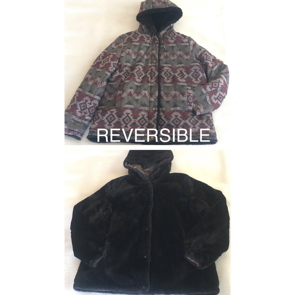 Pendleton Aztec Reversible Coat Hooded Quilted Reverse Faux Fur  Size Large